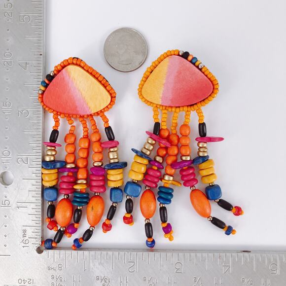 VTG Earrings Painted Wood Bead Boho Clip On Boho Tropical Chunky Eclectic 80s - Picture 10 of 12